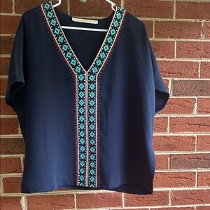 Alice + Olivia Navy and Teal Embroidered Blouse